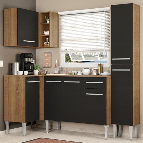 Armário de Cozinha Completa de Canto 261cm Rustic/Preto Emilly Song Madesa 01