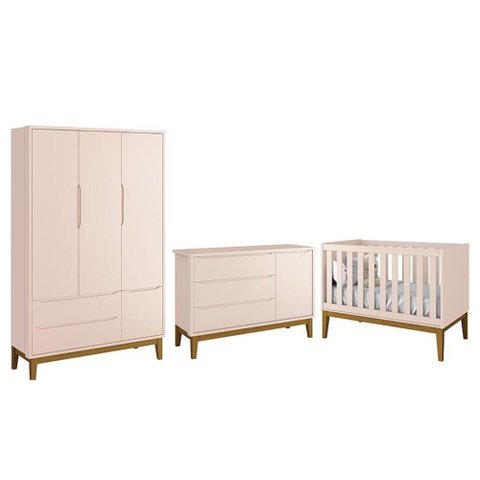 Dormitório Infantil Classic 3 Portas, Cômoda 1 Porta e Berço Rosa Fosco com Pés Amadeirado -