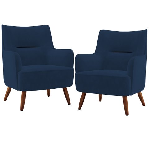 Kit 02 Poltronas Decorativa Fixa Pés de Madeira Isabella D02 Veludo Azul Marinho B-304 - Lyam