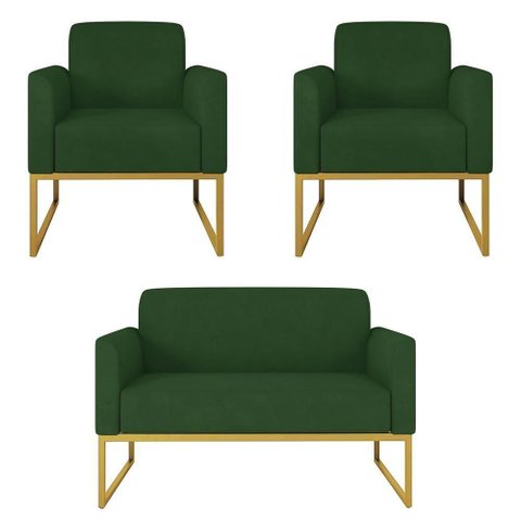 Kit Namoradeira e 2 Poltronas Decorativas Base Industrial Dourada Maressa S23 Suede Verde - Ibiza