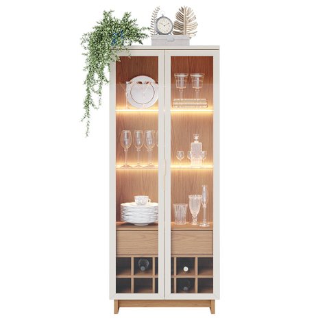 Cristaleira Quinn Off White/ Freijó com LED e Prateleiras de Vidro