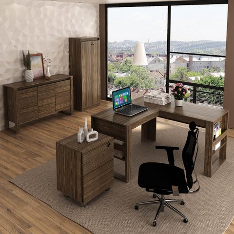 Escritório Completo com Mesa Angular Armário Alto Balcão e Gaveteiro Moon MDP Nogal - Gran Belo