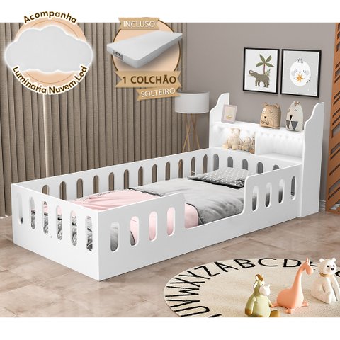 Cama de Criança Helo Solteiro com Colchão + Nicho e Led Branca + Acompanha Luminária Nuvem