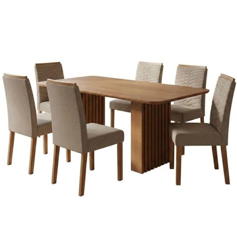 Mesa de Jantar Ester Mdf com 6 Cadeiras Estofadas Linho Bege Molci