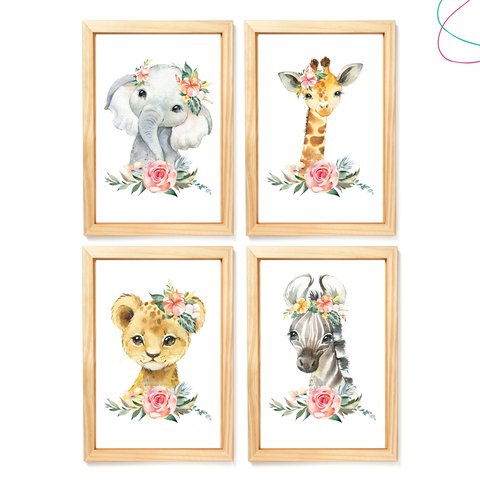 Quadro Decoração Quarto Menina Animais Aquarela Lacinho:pinus