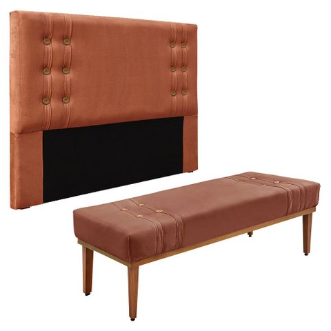 Kit Cabeceira e Calçadeira Recamier Queen 1,60m Gênova Veludo - Pallazio Cobre