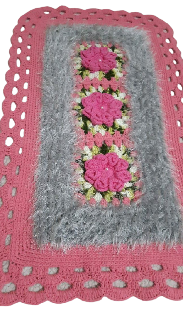 Tapete de crochê rosa e cinza Artesanal - 2