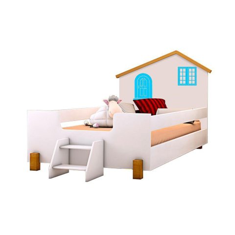 Cama Montessoriana Infantil Juvenil Belissima Azul - Branco E Amêndoa + Luminária Led - Cor: