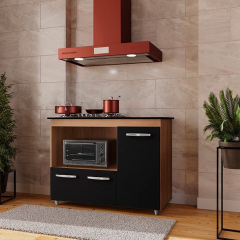 Balcão Ana para Cooktop e Forno Micro-ondas 03 Portas Savana Preto Moblis