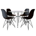 Ver imagem 1 de Mesa Jantar Eames de Ferro Preto Tampo Redondo Vidro 110cm 4 Cadeiras Preta