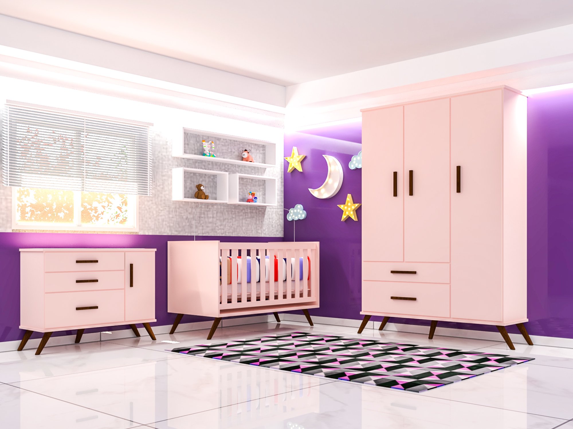 Quarto Infantil Retrô Vintage Gabi Rosê - Guarda-Roupa, Cômoda e Berço Ana – Mobili