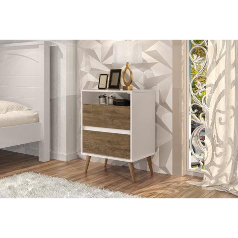 Mesa De Cabeceira Lotus Estilo Retrô Com Duas Gavetas Nicho E Pés Palitos – J&A MÓVEIS:Off White/Jeq