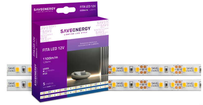 Fita Led Save Energy 12w 1100 Lúmens 12v Ip20 - 3000k - Luz Amarela