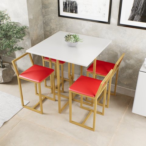Conjunto Mesa Branca 4 Cadeiras Pequena Estofado Vermelho Industrial Dourado Don Castro Decor