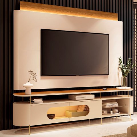 Conjunto Painel Nobre C/led e Bancada Ária Tv até 85 Polegadas Off White/cinamomo G26 - Hb Móveis