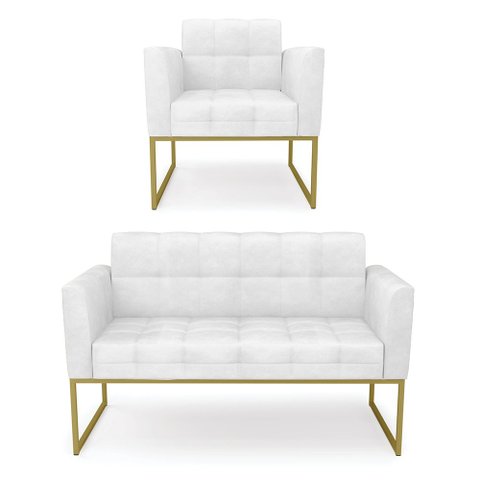 Kit 1 Sofá Namoradeira e 1 Poltrona Elisa Corano Base Metálica Industrial Dourado - D'Rossi Branco
