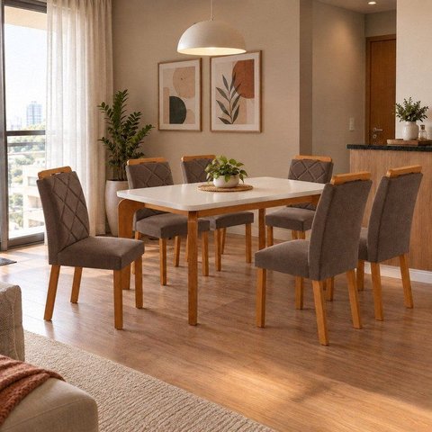 Conjunto de Mesa de Jantar Dublin 180 Tp Off White sem Vidro Canto Copo 6 Cadeiras Irlanda