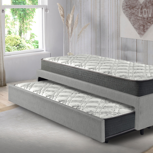 Bicama Box Solteiro Courino Linho Cinza 88x188 com Dois Colchões Adapto Molas Ensacadas Ecoflex