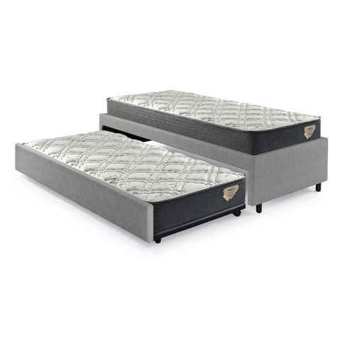 Bicama Box Solteiro Courino Linho Cinza 88x188 com Dois Colchões Adapto Molas Ensacadas Ecoflex