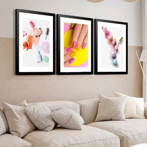 Kit 3 Quadros Grandes Nail Designer 60x48cm:moldura Preta