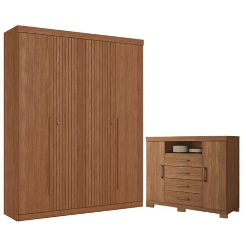 Guarda Roupa Casal Ripado Buriti 4 Portas 2 Gavetas MDF-MDP Jatobá e Cômoda Havana Master Santos