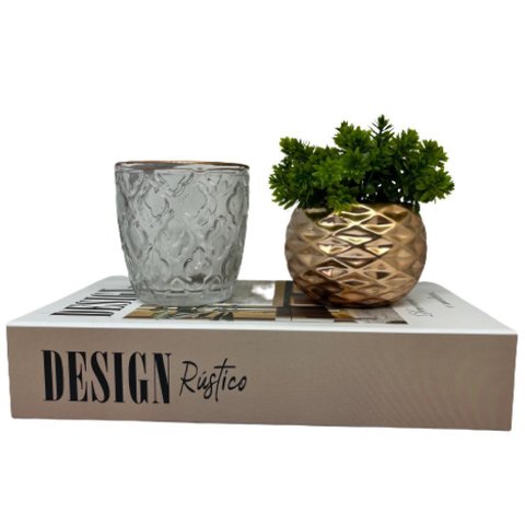 Livro decorativo Design + vaso rose gold + castiçal de vidro