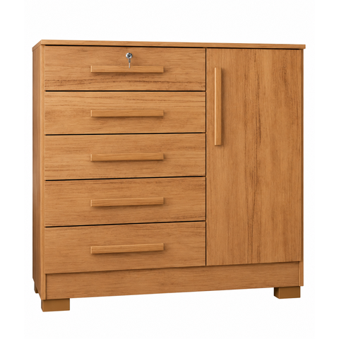 Cômoda Grande 5 Gavetas com Chave 1 Porta Repleta Cedro