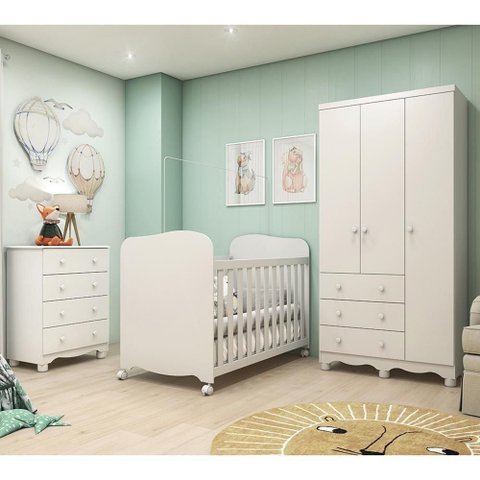 Dormitório Infantil Júnior 3 Portas, Cômoda e Berço Uli Branco Brilho com Colchão Supreme - Mó