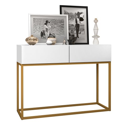 Buffet Aparador Pequeno Branco Eros 90cm Pes Ferro Dourado 2 Gavetas Decoração Escritorio Recepção