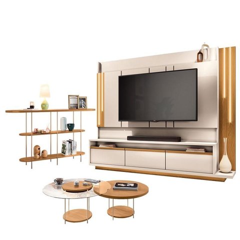 Estante Home Theater Montane Off White Cinamomo e Aparador Infinity e Kit Mesa de Centro Sky Cinamom