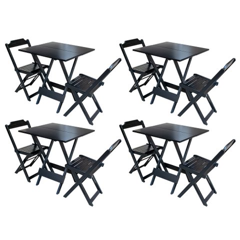 Kit 4 Jogos de Mesa Dobrável com 2 Cadeiras de Madeira 70x70 Ideal para Bar e Restaurante - Preto
