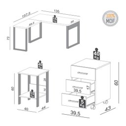 Kit Mesa de Escritório com Gaveteiro e Mesa Auxiliar 100% Mdf - 3