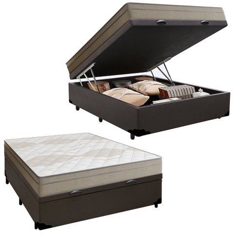 Cama Box Baú Casal Sintético + Colchão de Molas Ensacadas Portobel Ipanema - 138x188x66cm Cor:marrom