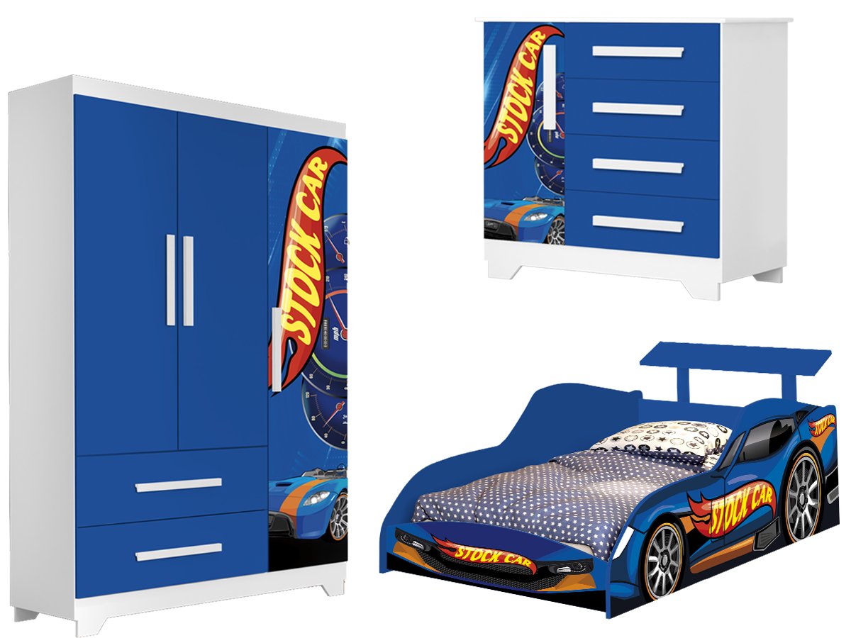 Jogo De Quarto Infantil Carro Stock Car Azul - Móveis Bela