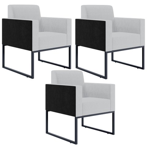 Kit 3 Poltronas Decorativas Sala Base Fixa Metal Helô L02 Linho Cinza Couríssimo Preto - Lyam