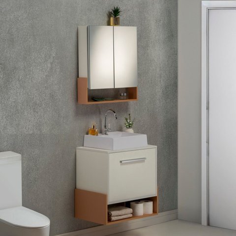 Gabinete e Espelheira 80cm Inspira Design Branco/Salmão