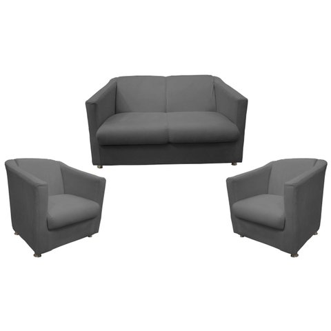 Kit Namoradeira + 2 Poltronas Decorativa Biane Couro Cinza Pés Cromado Mz Decor