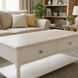 Mesa de Centro 2 Gavetas 100cm Tampo de Madeira Maciça Escovada Pés Torneados Louise