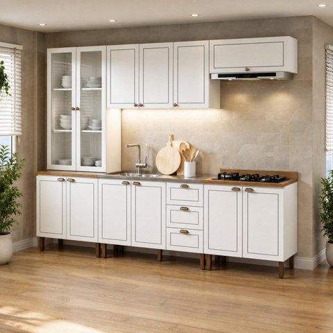 Cozinha Modulada Completa 5 Peças sem Tampo Americana Portas em MDF Branca Frisado