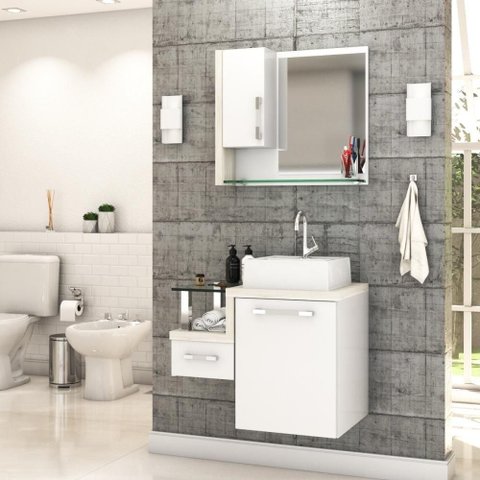 Conjunto Balcão C-cuba Q32 e Espelheira Legno 630 Branco Chess C-preto Ônix Branco Chess C-snow