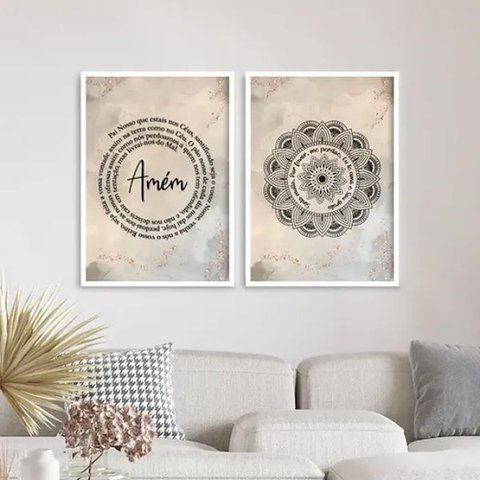 Kit 2 Quadros Pai Nosso e Mandala Hooponopono 45x34cm:moldura Branca