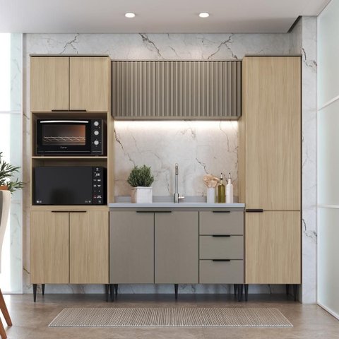 Cozinha Completa Lavinia 9 Portas 3 Gavetas MDF-MDP Bege Imperial-Fume J Carvalho Móveis