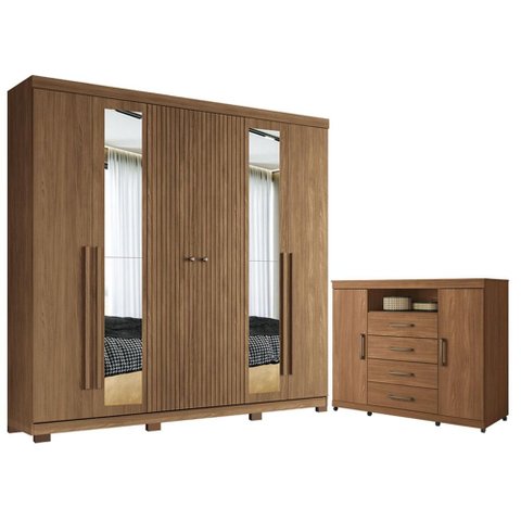 Guarda Roupa Casal Ripado 6 Portas Buriti com Espelho e Pés e Cômoda Havana Master com Rodizio Jatob