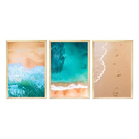 Kit 3 Quadros Decorativos 43x63 Praia Mar Decoração Sala com Moldura - Hugart