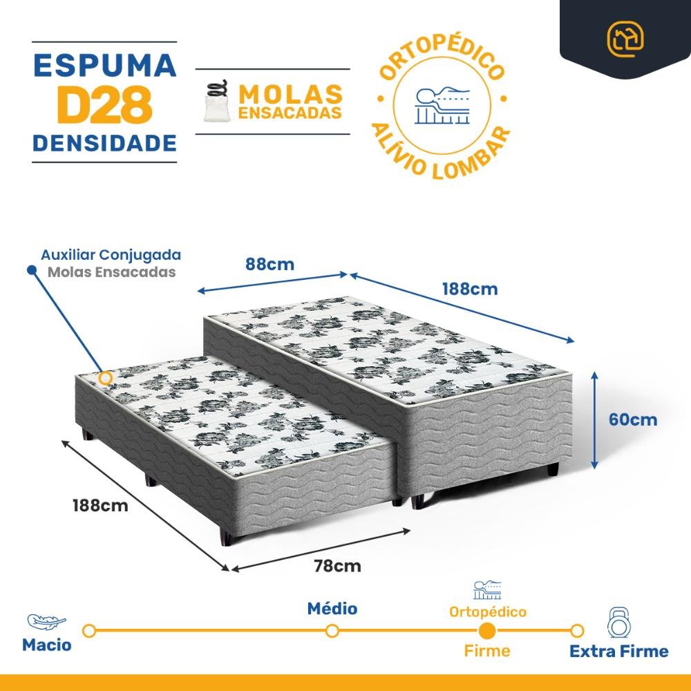 Cama Box Conjugada de Espuma e Auxiliar de Molas Unique Solteiro 88 Cm - 3