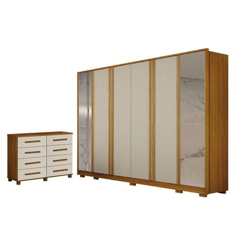 Guarda Roupa Casal Ares 6 Portas com Espelho Cinamomo Off-white com Cômoda San Marino 8 Gavetas Cina