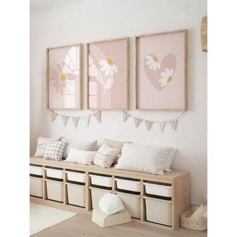 Kit 3 Quadros Infantil Flores Quarto Bebê 40x60 Moldura Madeira NO1