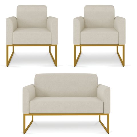 Kit 01 Namoradeira 02 Lugares e 02 Poltronas Marisa Linho Base Industrial Metálica Dourado - D' - A1