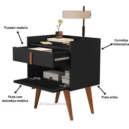 Kit 2 Mesas de Cabeceira 1188 Com Porta e Gaveta Pés Palito Preto - JM Casa dos Moveis - 5