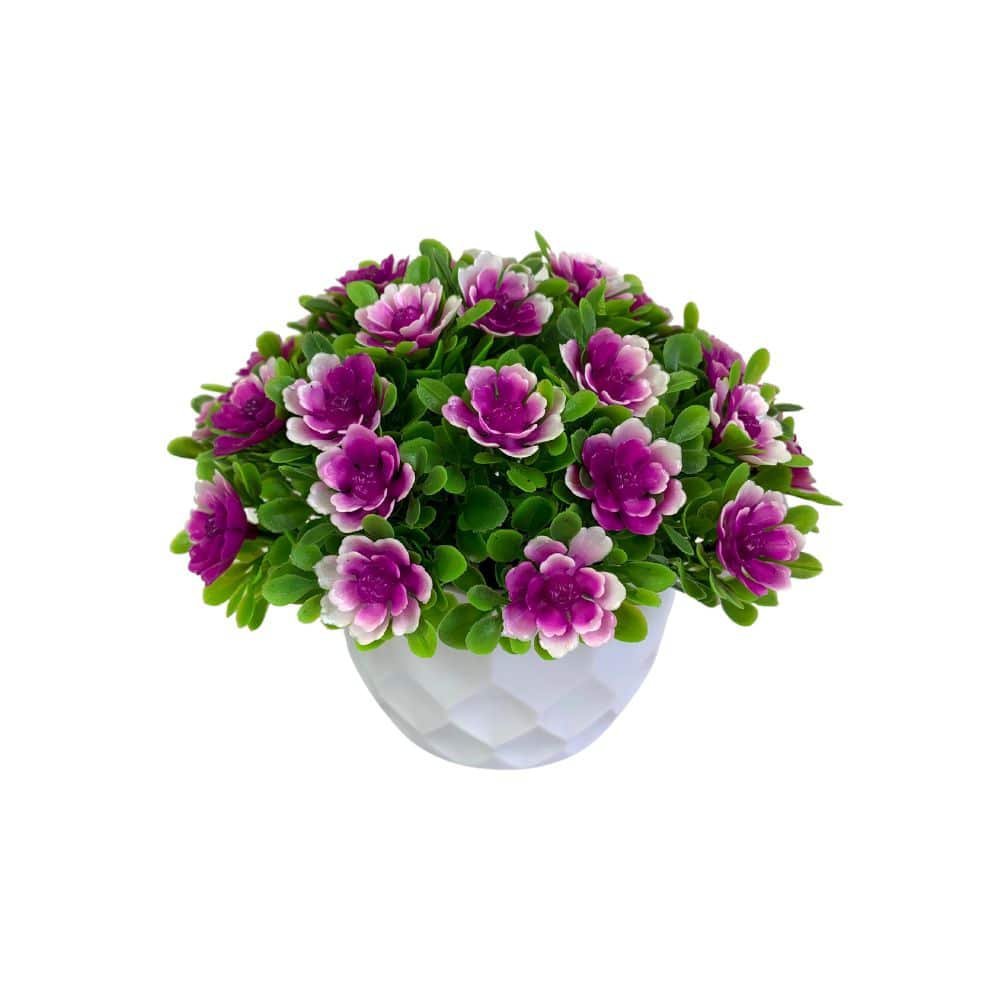 Vaso Geométrico Decorativo + 1 Arranjo de Flor Artificial Cor:Roxo/Branco - 4